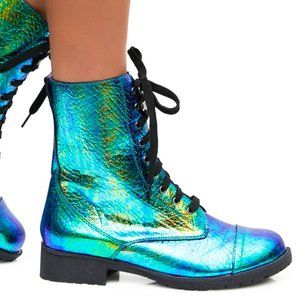 NWOT DOLLS KILL Mermaid Tears Iridescent Combat Boots
